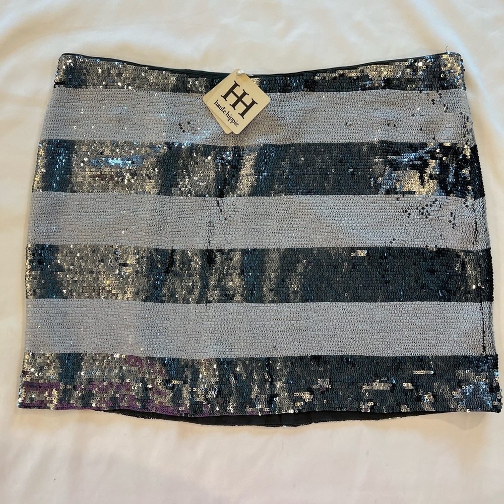 NEW Haute Hippie Striped Metallic Sequins 100% Silk Mini Skirt $395 MSRP LARGE - Picture 5 of 16